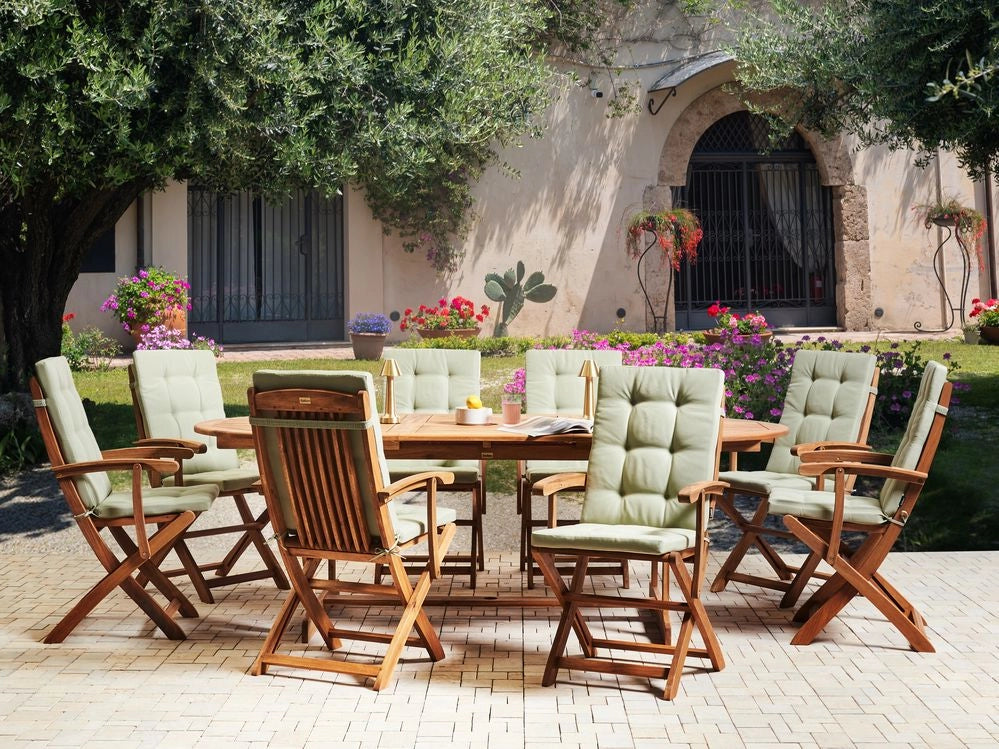 Set da pranzo da giardino con tavolo ovale sedie pieghevoli con cuscini verde chiaro a 8 posti Maui design rustico