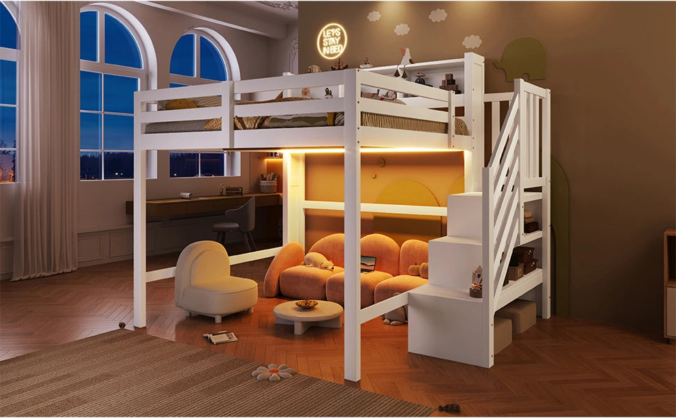 LETTO A SOPPALCO 140x200 cm Bianco con LED e scala contenitore