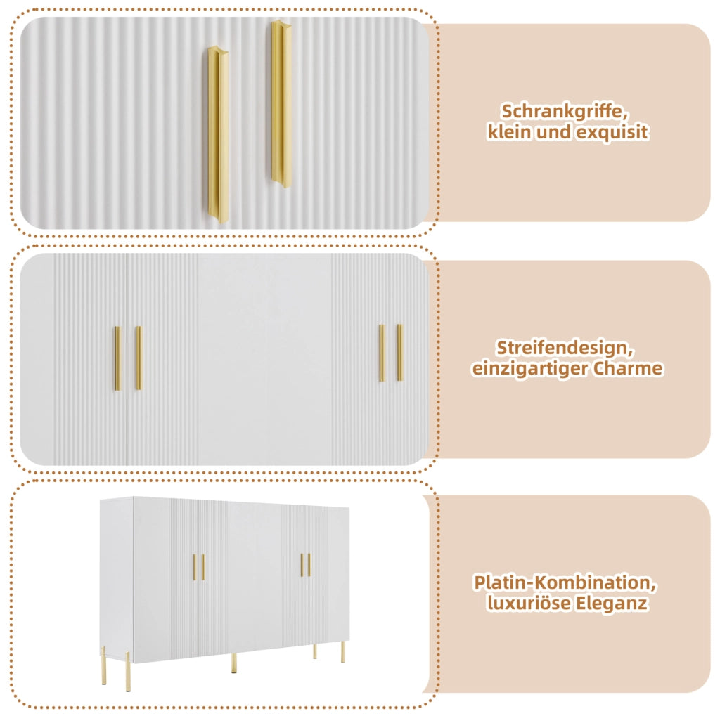 Armadio multiuso bianco opaco con dettagli oro, 4 ante, 160x35x100 cm