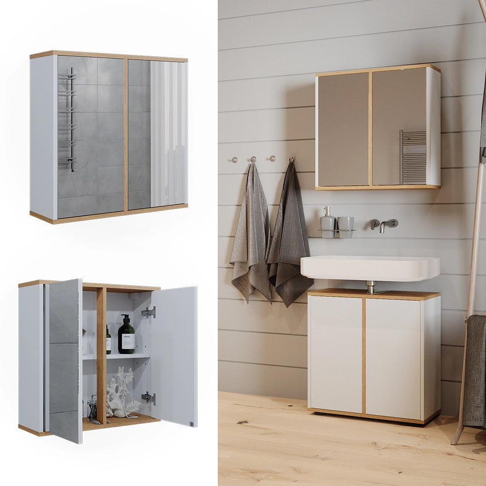 Vicco Specchio contenitore bagno Bianco/Artisan 60 x 60 cm con due porte a specchio