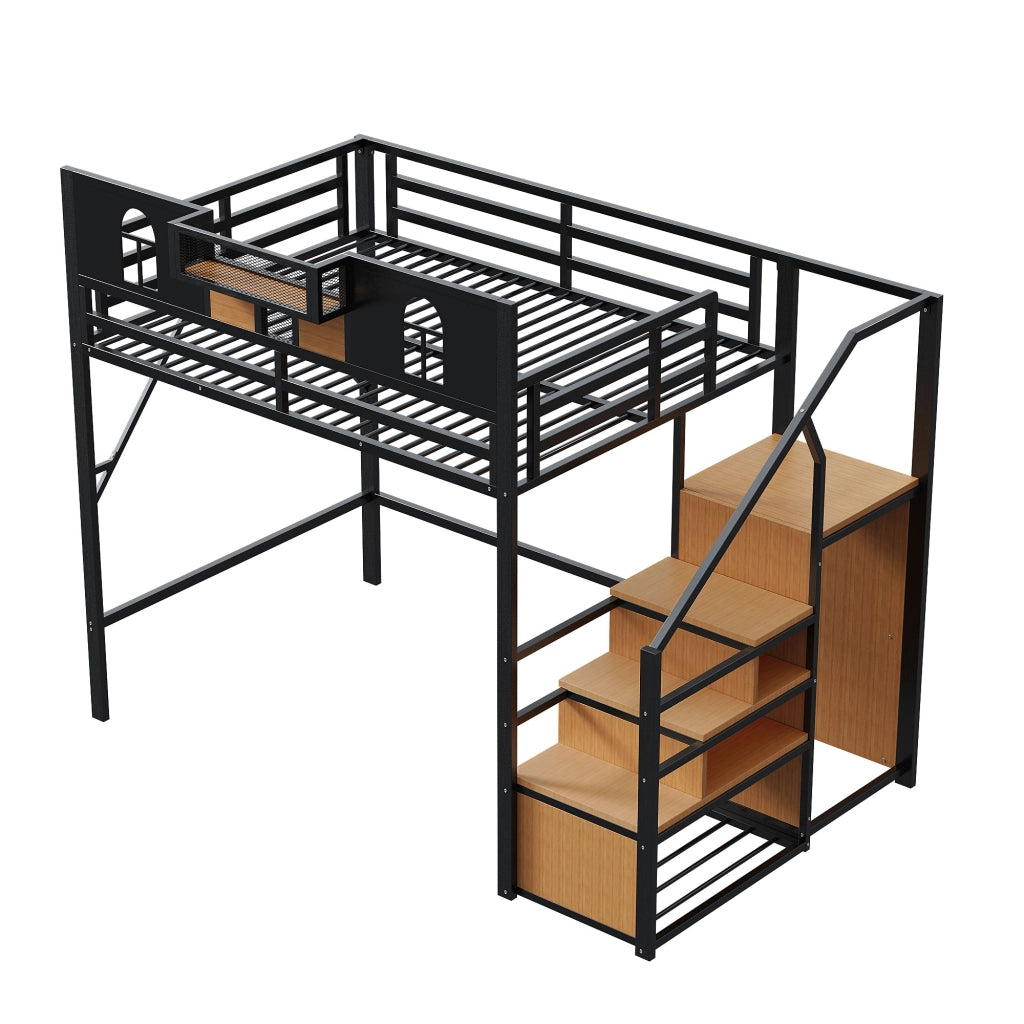 Letto a soppalco matrimoniale 140×200 cm con scala portaoggetti e ripiani; senza materasso; metallo; nero
