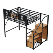 Letto a soppalco matrimoniale 140×200 cm con scala portaoggetti e ripiani; senza materasso; metallo; nero