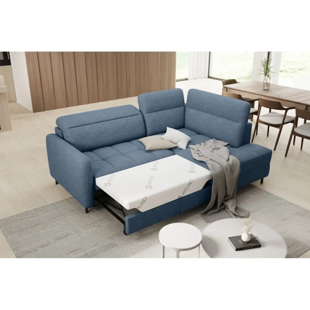 Divano angolare destro convertibile BARNEA 208 cm blu navy mélange con contenitore