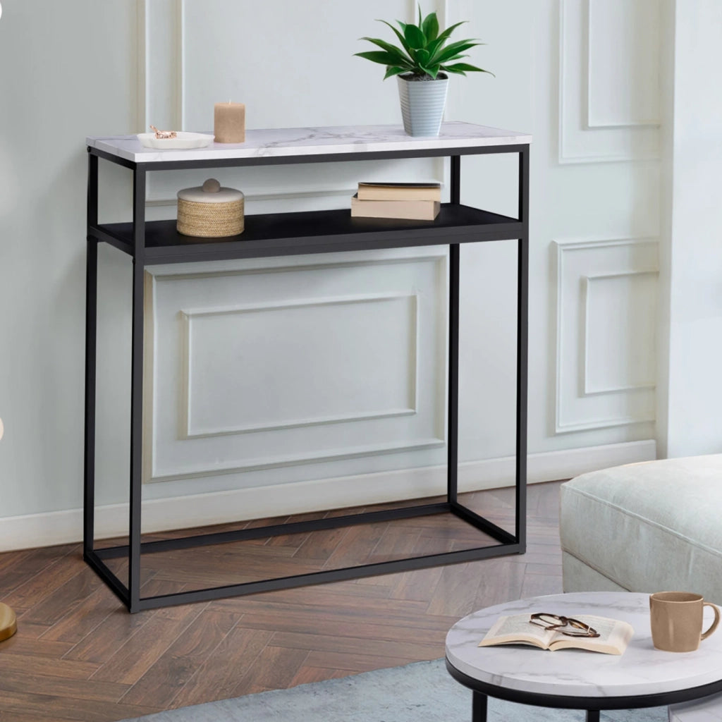 IDMarket - Consolle doppia effetto marmo e legno nero, base in metallo ALASKA