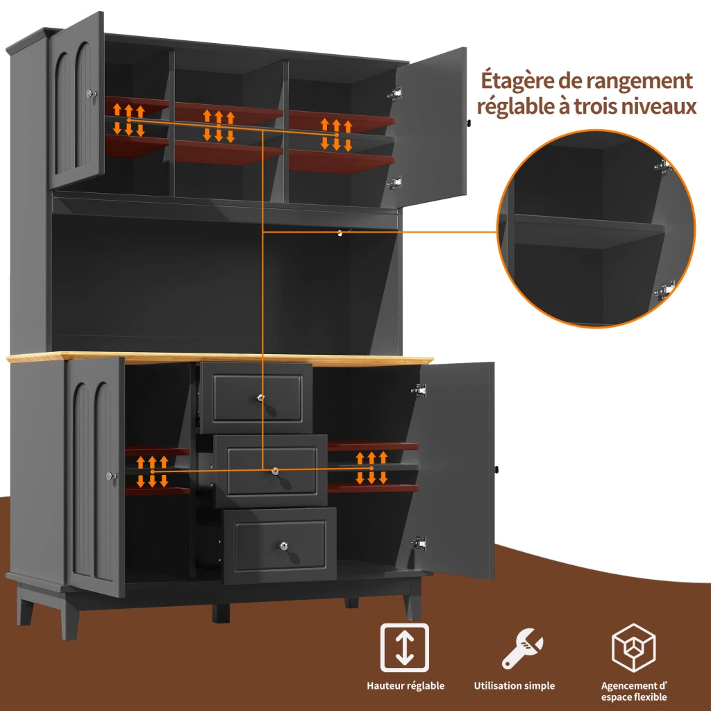 Credenza Alta da Cucina con 4 Ante; 3 Cassetti; LED e USB; per Cucina o Soggiorno; in MDF; Nero; 120 x 40 x 180 cm