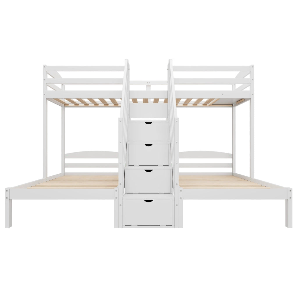 Letto a castello triplo 90x200 cm in pino con scala contenitiva e sponde, bianco