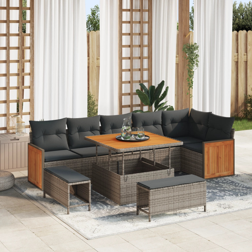Set di Divani da Giardino  9 Pezzi con Cuscini Grigio Polyrattan Acacia