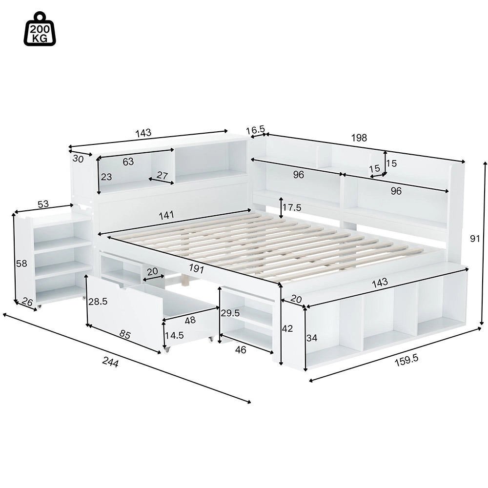 Letto singolo per bambini multifunzionale - Xylo - 140x190 cm - Bianco - Con cassetti e ripiani