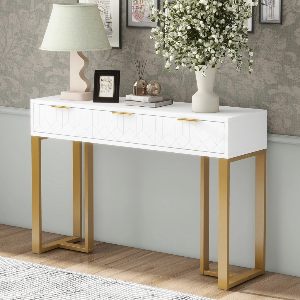 Consolle con 2 cassetti e motivi geometrici, struttura in MDF, per soggiorno e ingresso, bianco e oro