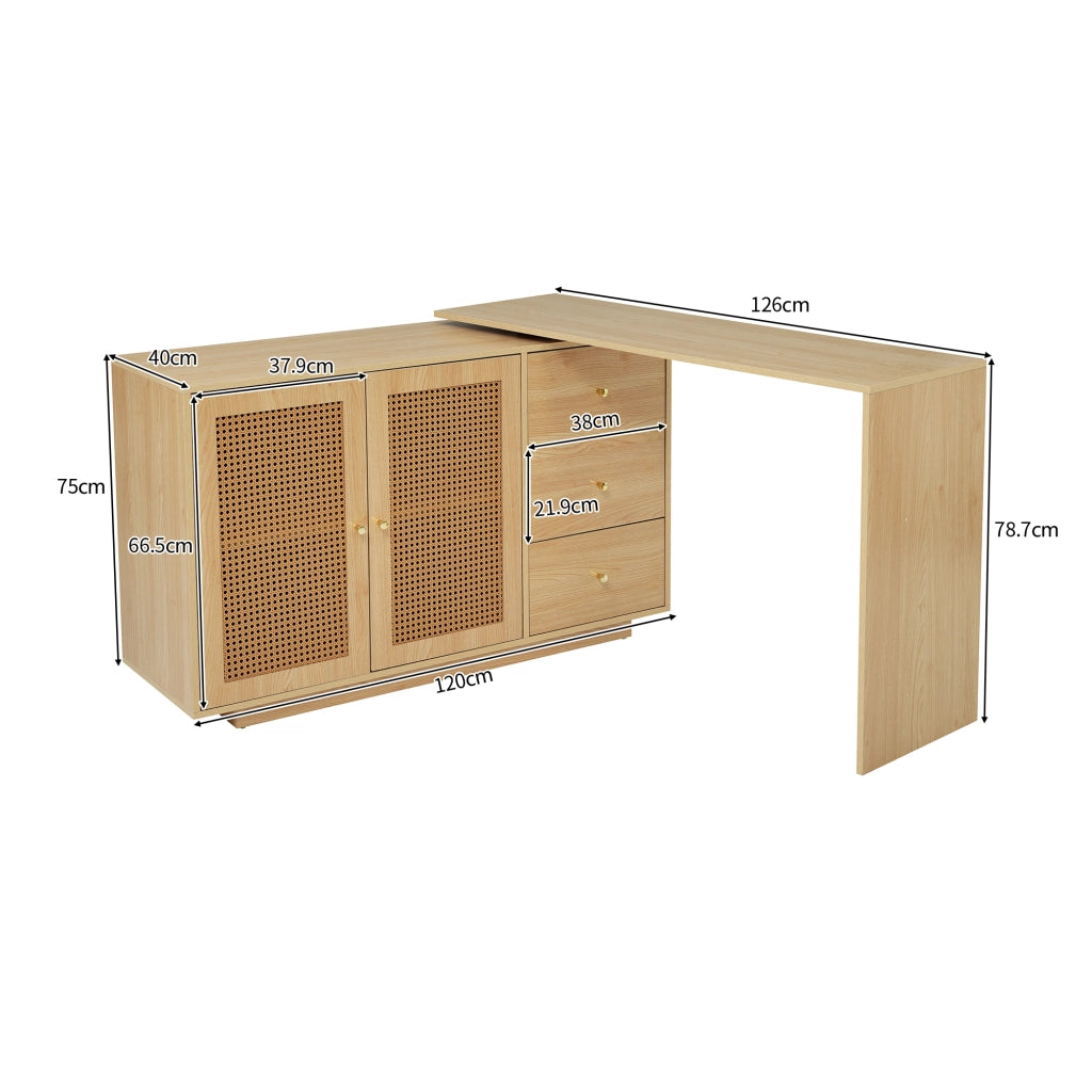 Scrivania angolare con mobile contenitore e piano girevole a 360°, 3 vani e ripiani regolabili, per ufficio, in MDF naturale, 126 × 40 × 75 cm