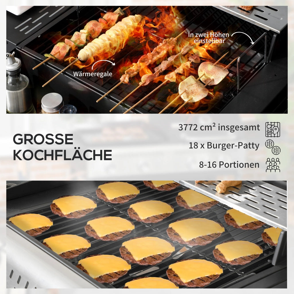 Grill a gas BBQ con termometro e piastre di mantenimento caldo ¨C zephmum ¨C 161x54x103 cm, nero e argento