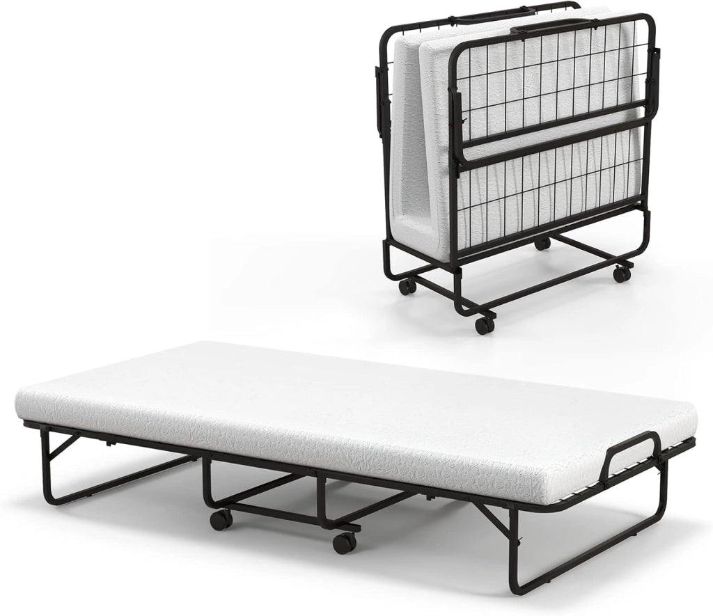 Letto Pieghevole con Materasso 190 cm, Letto per Ospiti a Scomparsa con Materasso in Memory Foam, Lettino Pieghevole Portatile su Ruote per Soggiorno, Camera, Ufficio