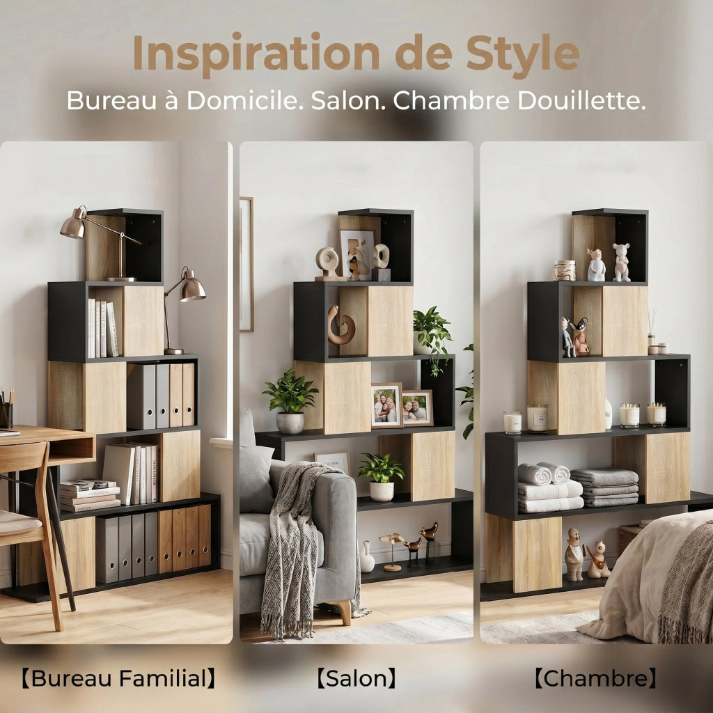 Libreria geometrica 5 livelli ¨C Xylo ¨C legno naturale e nero, scaffale per soggiorno ufficio camera