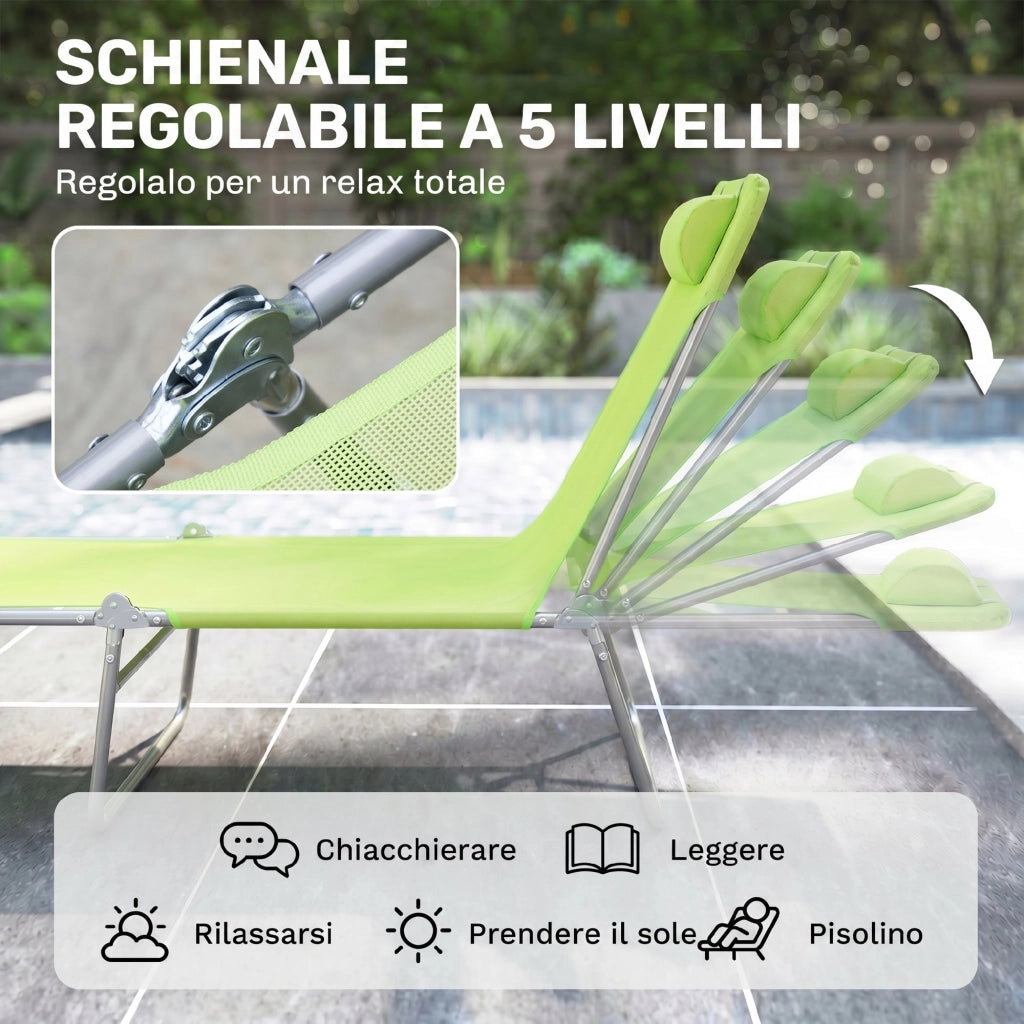 Lettino Prendisole Pieghevole con Schienale Reclinabile e Cuscino, 182x56x24.5cm