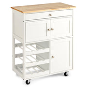 Carrello da cucina con portabottiglie a 3 livelli e cassetto, Isola da cucina con superficie in legno Bianco
