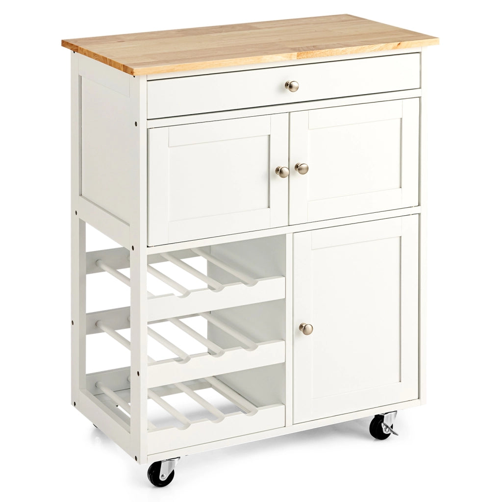 Carrello da cucina con portabottiglie a 3 livelli e cassetto, Isola da cucina con superficie in legno Bianco