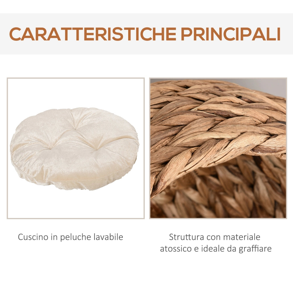 EasyComfort Cuccia Rialzata per Gatti in Vimini, con Cuscino in Cotone, Marrone e Bianco, 40x37x51 cm