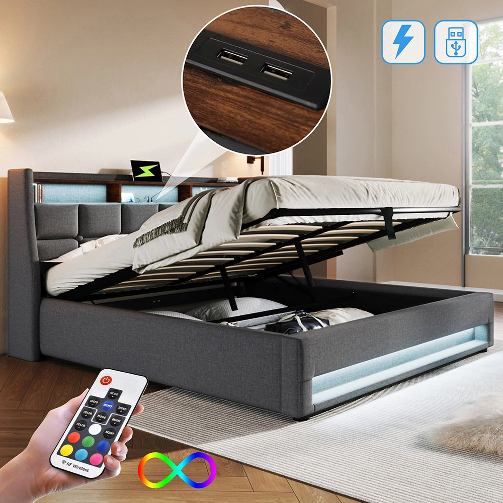Letto a cassettoni imbottito - Xylo - 160x200 cm - Grigio - USB LED per adolescenti
