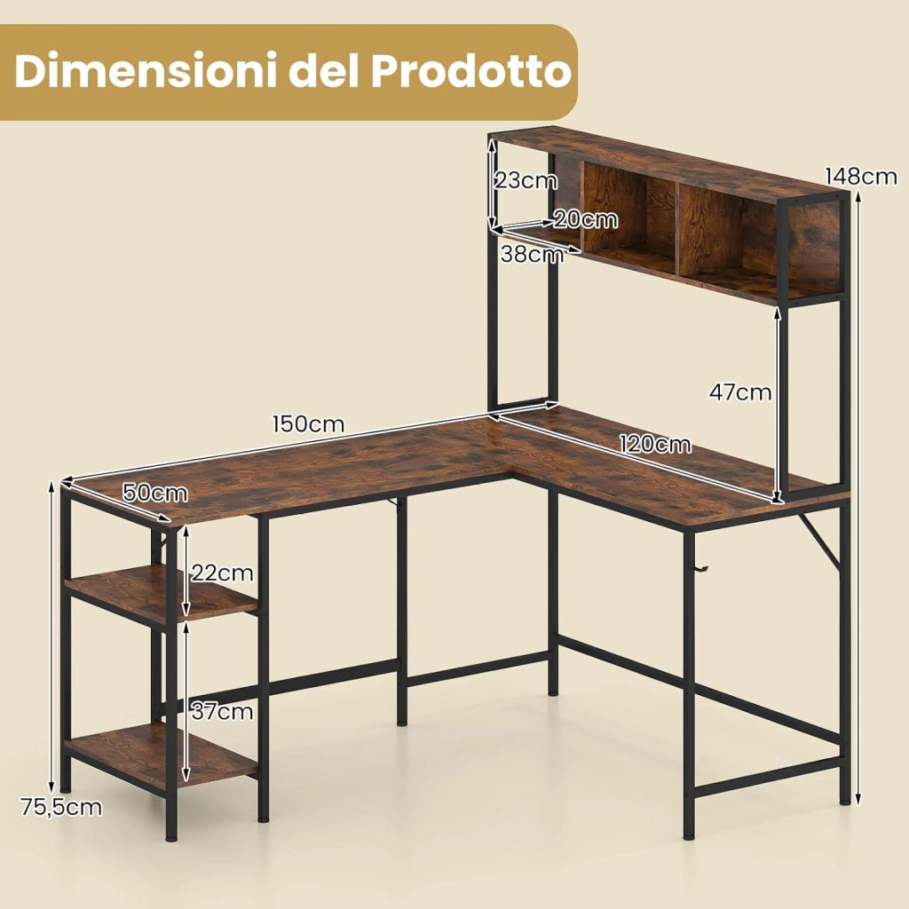 Scrivania a Forma di L con Libreria, Ripiani e Gancio per Cuffie, Scrivania Angolare in Legno con Robusto Telaio in Metallo, Scrittoio per Computer per Soggiorno, Studio e Ufficio (Marrone)
