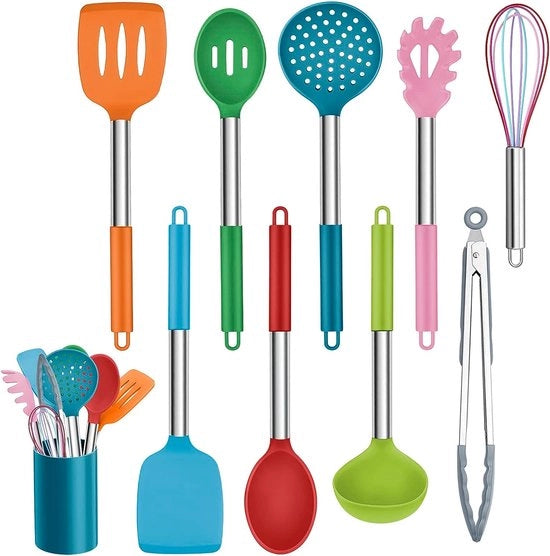 Set di accessori da cucina, 10 pezzi smalto antiaderente, silicone da cucina resistente al calore, set di accessori da cucina con impugnatura in acciaio inossidabile, resistente alla lavastoviglie, colorato