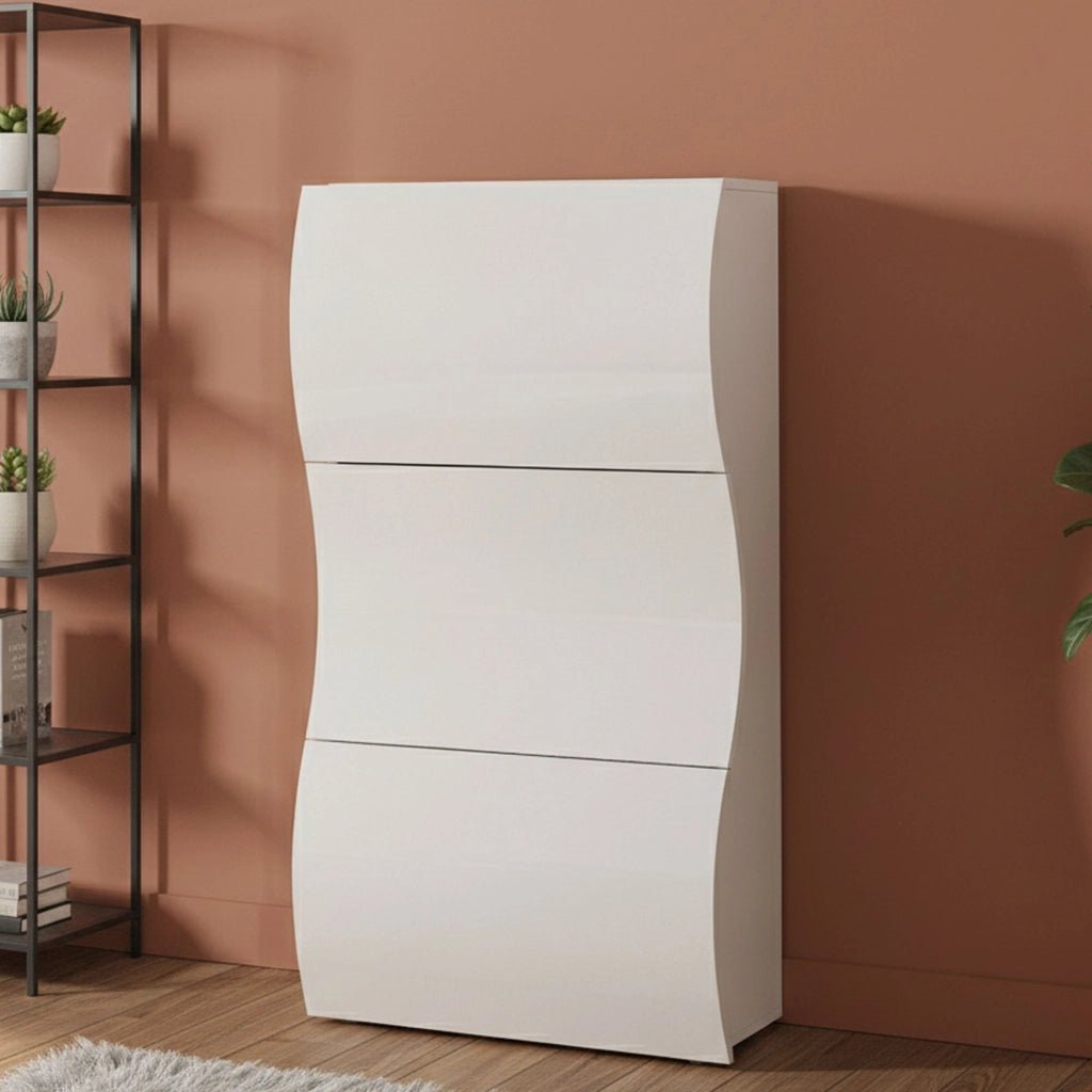 Scarpiera Borea, Made in Italy, Mobile Portascarpe da ingresso, a 3 ante a ribalta, cm 71x27h122, Bianco lucido