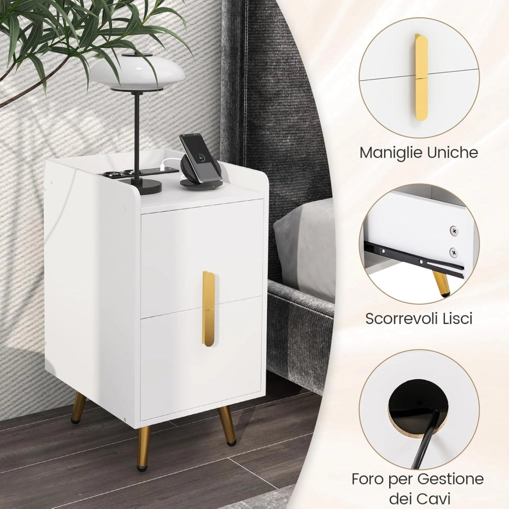 Comodino con Stazione di Ricarica, Comodino con 2 Cassetti, 2 Porte USB e 3 Prese, Tavolino Leterale con Gambe in Metallo, Portata Tolate 20 kg, 32 x 40 x 60 cm (2, Bianco)