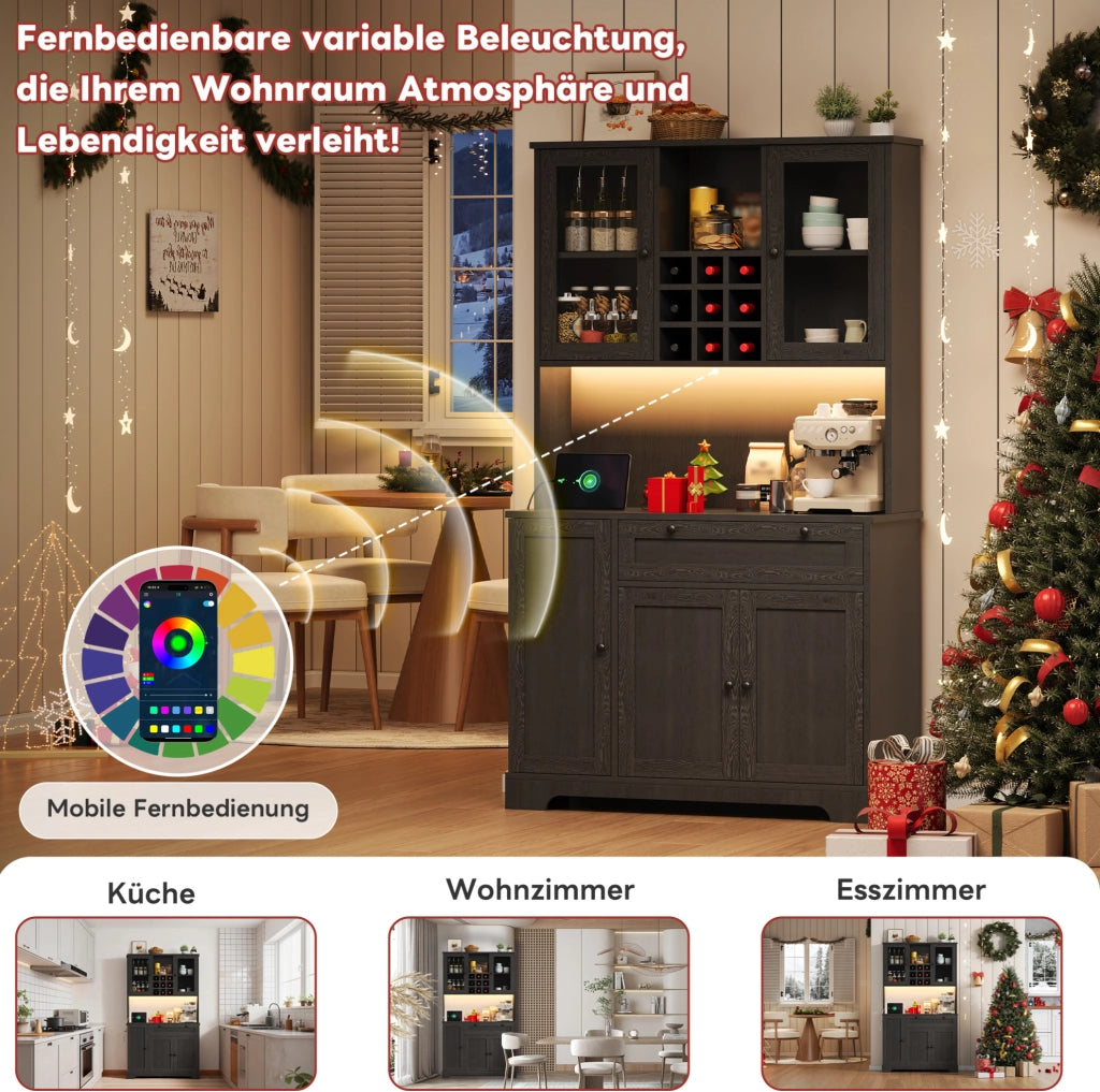 Credenza da cucina con LED, prese e portabottiglie, nera