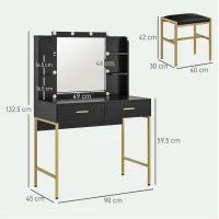 Tavolo da Trucco con 2 Cassetti, 6 Ripiani, Specchio e Sgabello, in Legno e Acciaio, 90x45x132.5 cm, Nero