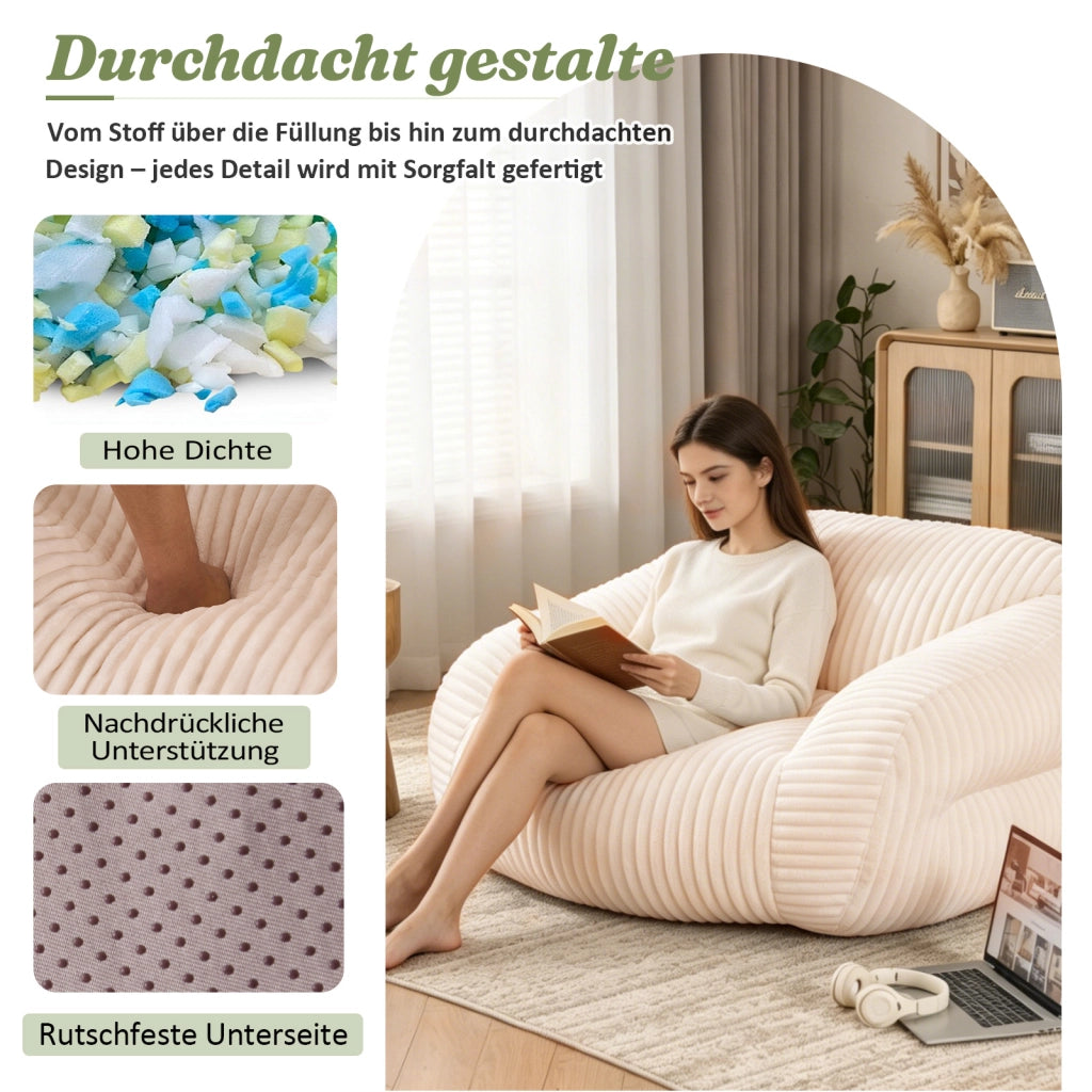 Pouf per adulti in velluto a coste con schienale ergonomico, morbido e versatile per salotto e camera da letto beige