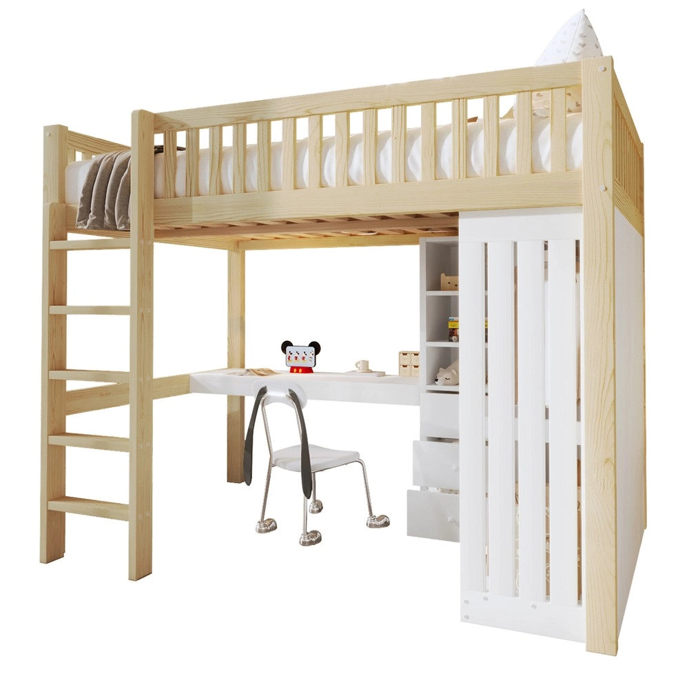 Letto a Soppalco con Scrivania, Armadio e Cassetti ¨C MINIMAL ¨C 140x200cm, Naturale
