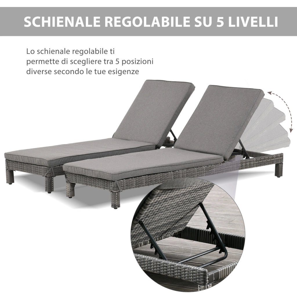 Easycomfort Set 2 Sdraio da Giardino Cuscino Imbottito Regolabile su 6 Livelli in Rattan 196 x 65 x 22 cm, Grigio