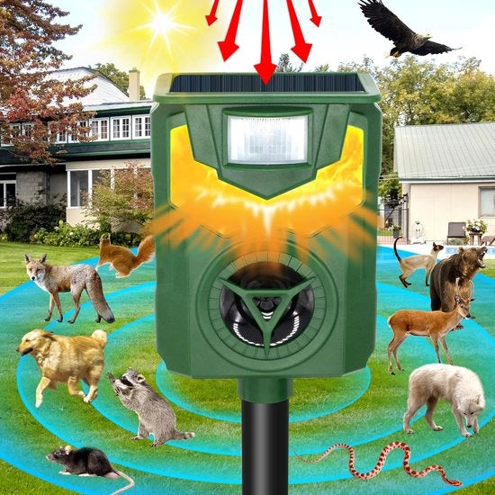 Ultrasuono repulsore per animali con sensore di movimento e luce a fiamma - dispositivo di difesa contro uccelli, volpi, ratti acqua resistente per giardino