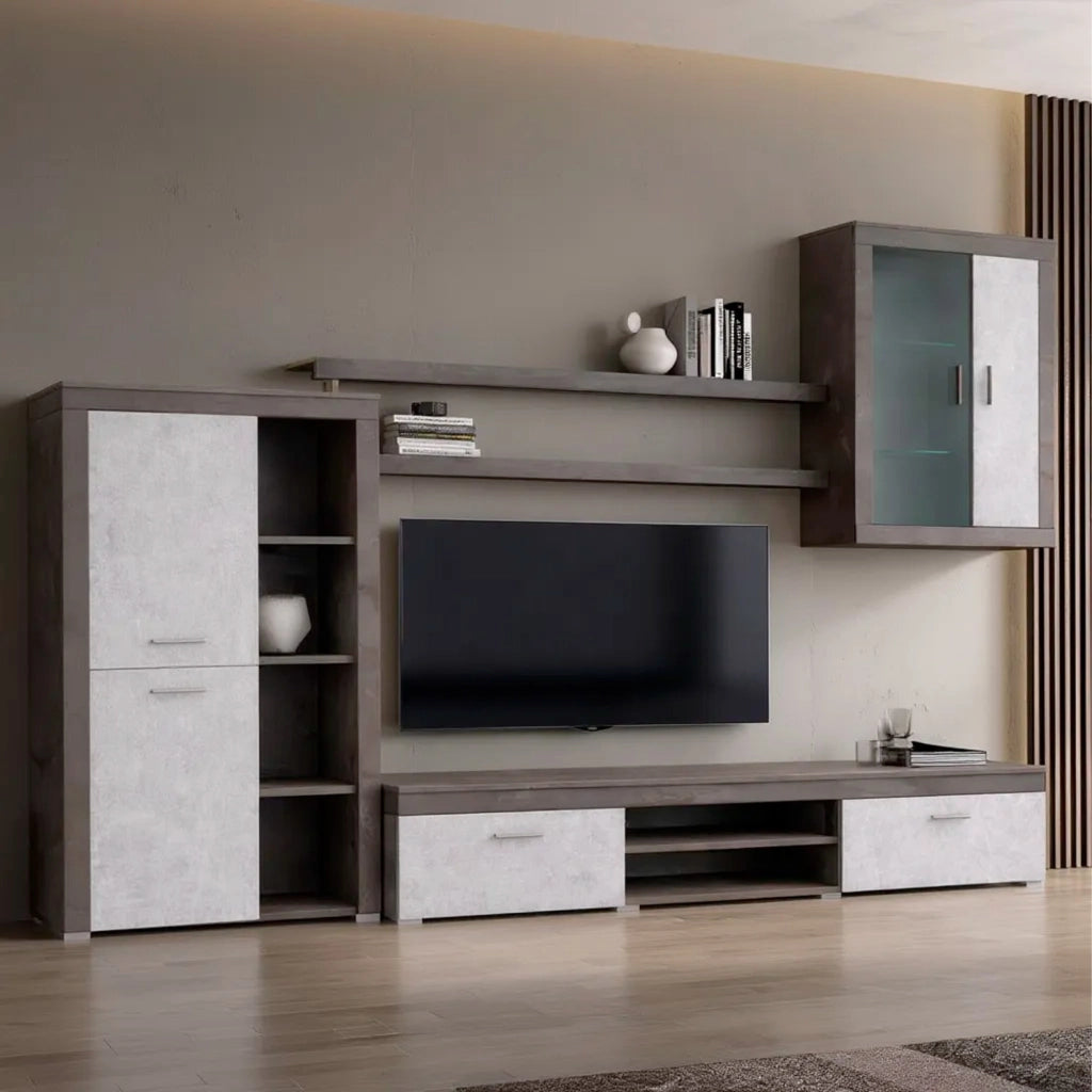 Parete Attrezzata Moderna Per Salotto Soggiorno Con Vetrinetta Ante Mensole Vani A Giorno Mobile TV Design Moderno Moduli Sospesi 293 X 193 X 50 Cm Ossido E Grigio Cemento