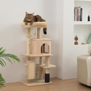 Albero per Gatti Multilivello Alto 104 cm con Casetta Lettino Pali Tiragraffi Spazzola e Pallina Beige