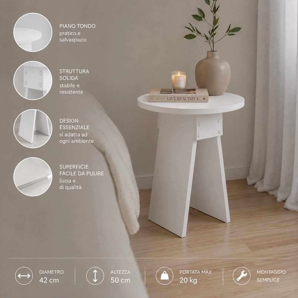 Tavolino Rotondo 42x23,5x50 cm Tavolo Design Minimal Bianco