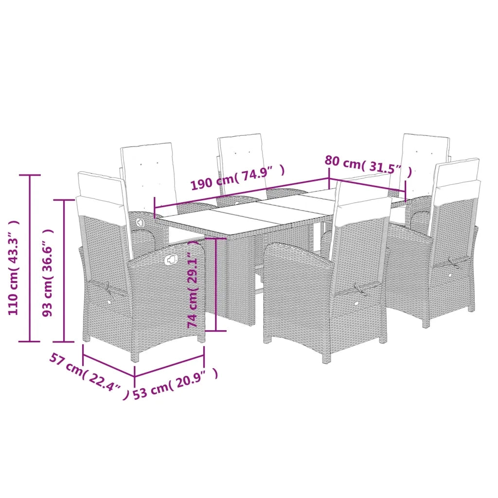 Set da Pranzo da Giardino 7 pz Nero con Cuscini in Polyrattan 3212251