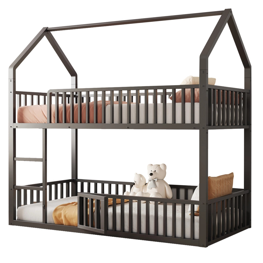 Letto a castello 90x200 cm con struttura a casetta e scala in metallo nero