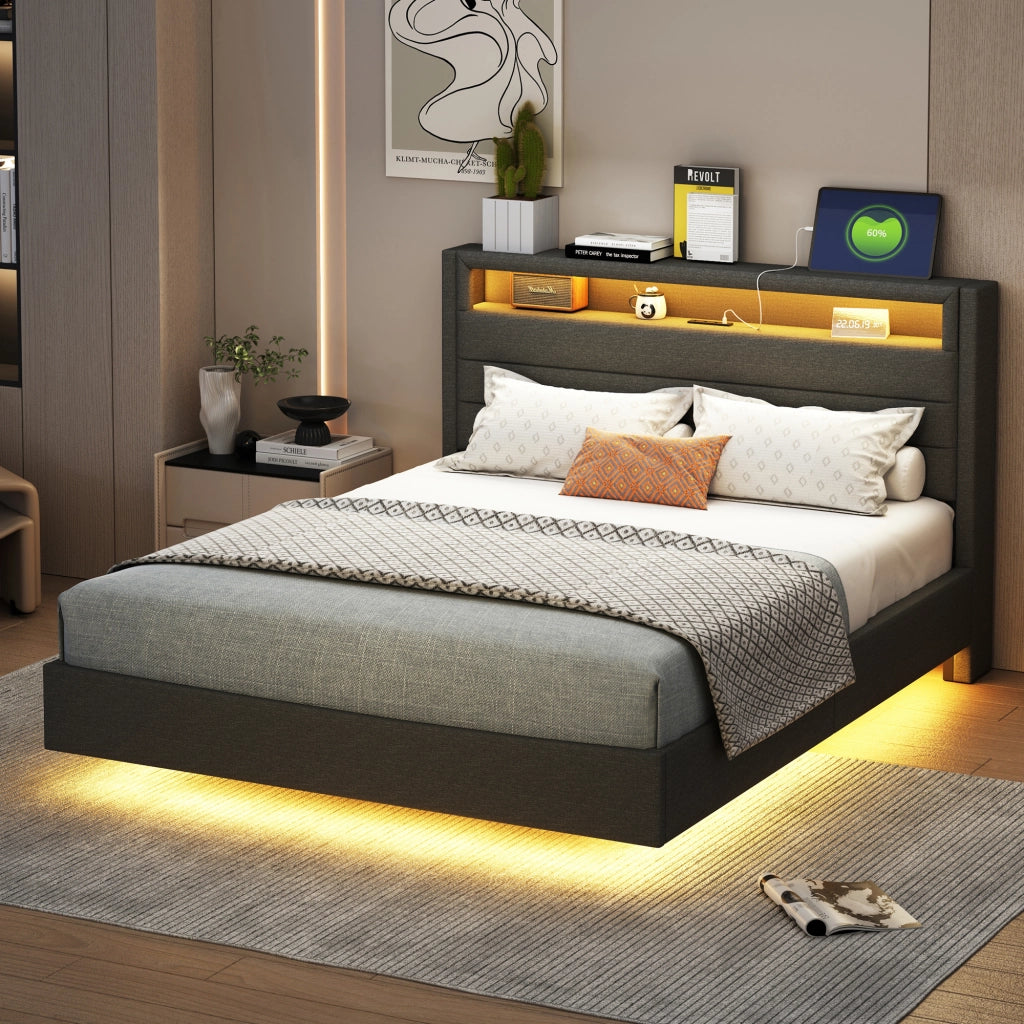 Letto matrimoniale – 140x200 cm – USB LED testiera reversibile – lino grigio