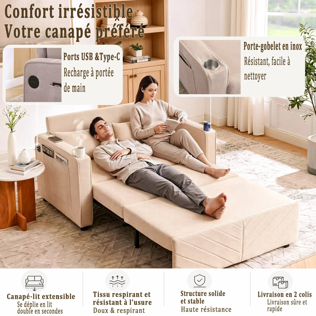 Divano letto 2 posti con trasformazione scorrevole e porte usb in legno e tessuto beige 195 × 134 × 73 cm