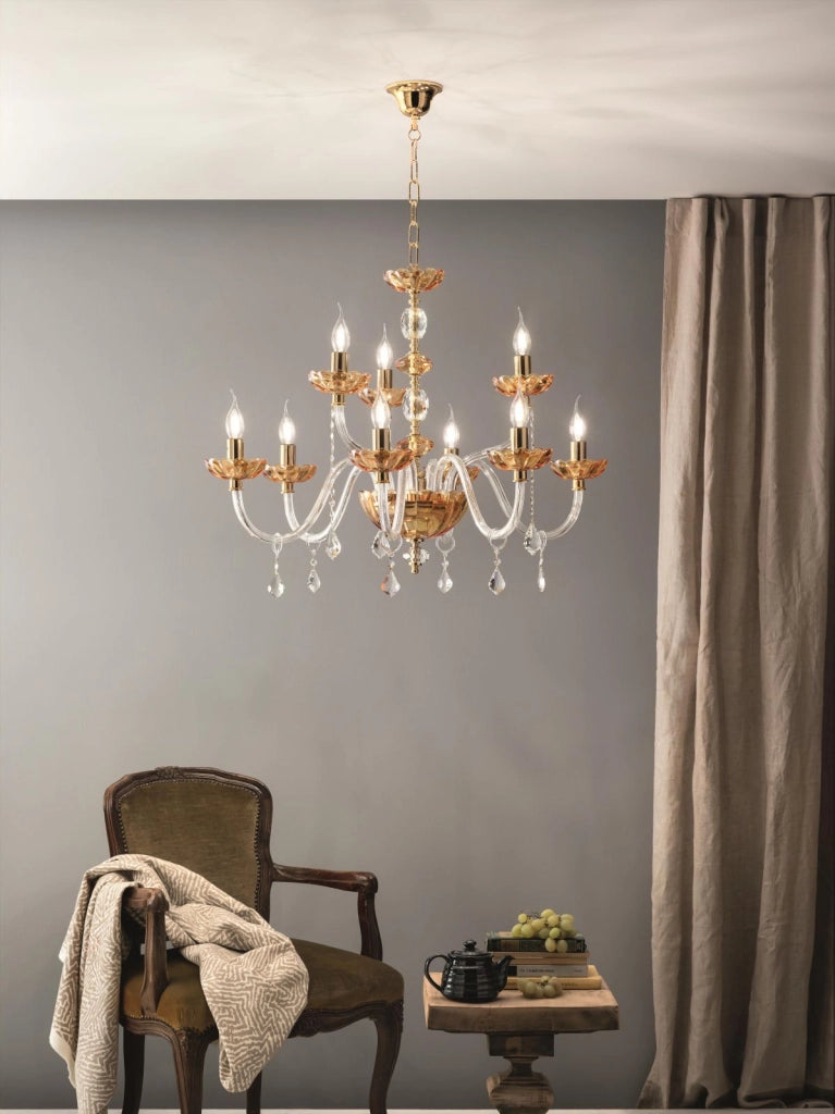 LAMPADARIO PATRICIA 9 LUCI ATTACCO E14 COLORE AMBRA D.88CM