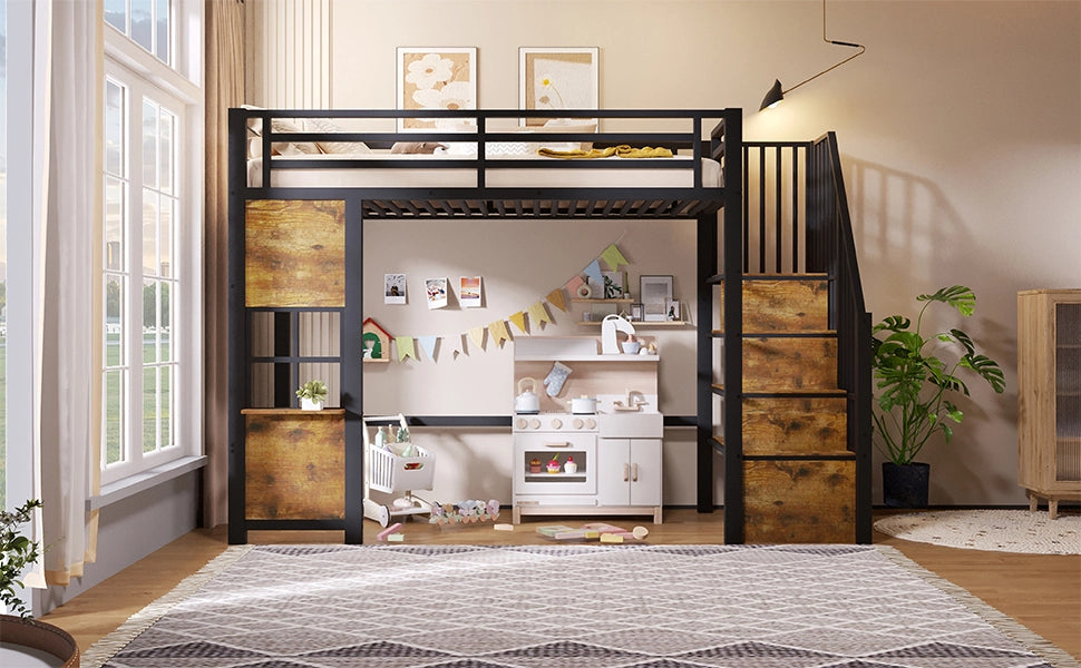 Letto a soppalco 90 × 200 cm con scala contenitore, vano aperto, barriera di sicurezza, senza materasso, in metallo e MDF, nero