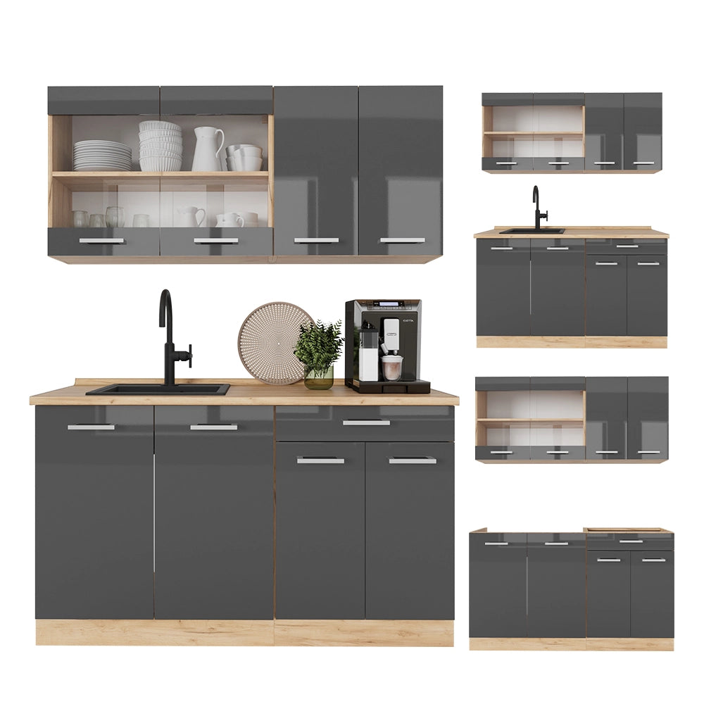 Vicco Cucina completa Antracite lucido/oro power oak 140 cm senza piano di lavoro