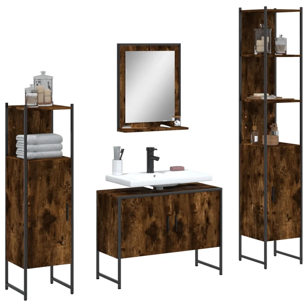 Set Mobili da Bagno | Armadio da bagno 4 pz Rovere Fumo in Legno Multistrato