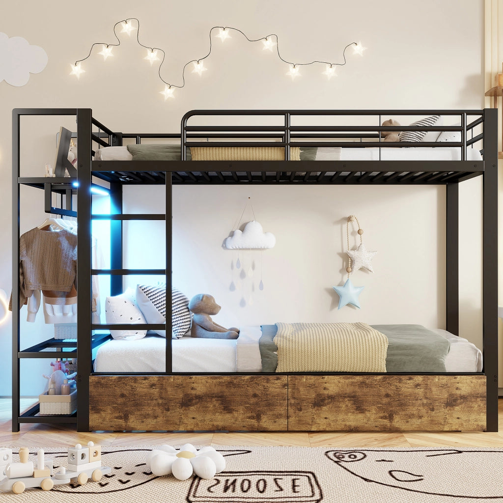OKWISH Letto a Castello 90×200 cm, Letto Singolo con 2 Cassetti, Mensole e LED Regolabile, senza Materasso, in Metallo, Nero