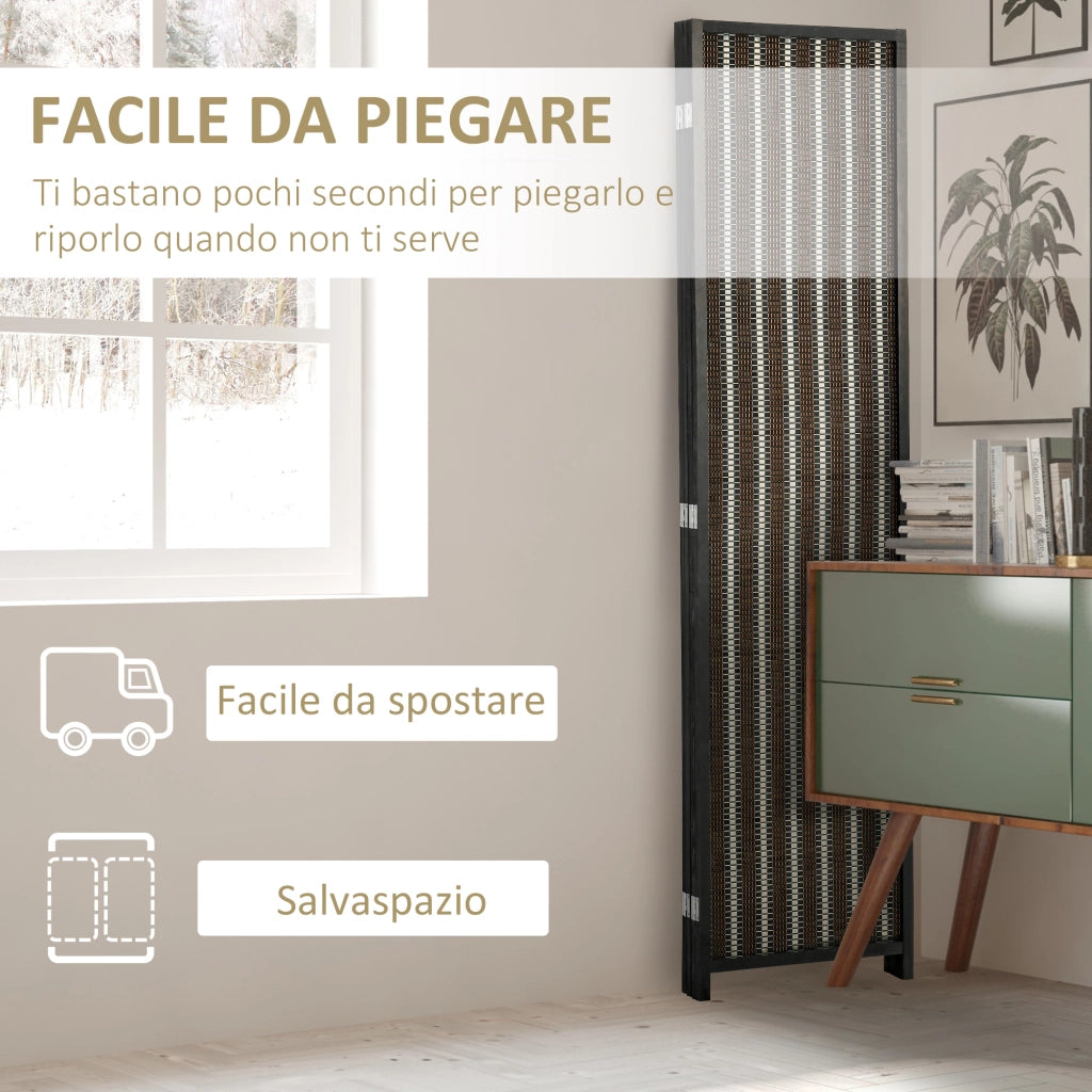 Paravento Pieghevole 4 Pannelli ¨C Zephmum ¨C Legno e Bamb¨´ Nero Marrone 180x180x1.9cm