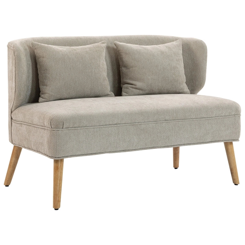 Sofa a 2 posti compatto in chenille beige, 117 cm, con schienale ad ali e gambe in legno