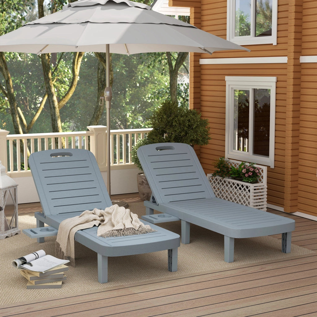 Set 2 Lettini Prendisole 62x158x88 cm con Schienale Regolabile e Vassoi in Polipropilene Grigio Scuro