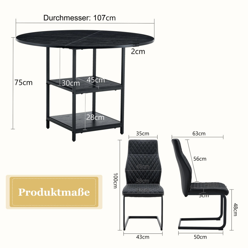 Set tavolo da pranzo e sedie con 1 tavolo rotondo e 2 sedie; doppio ripiano; in MDF e metallo nero