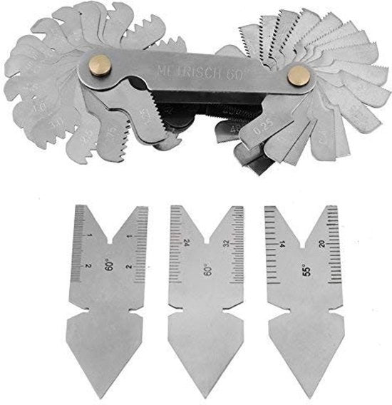 Set di Calibri da 3 - Strumenti di Misura per Viti - Acciaio Inossidabile - Malda 60°/55° - Duraturo - Compattissimo e Leggero - Strumento di Misura