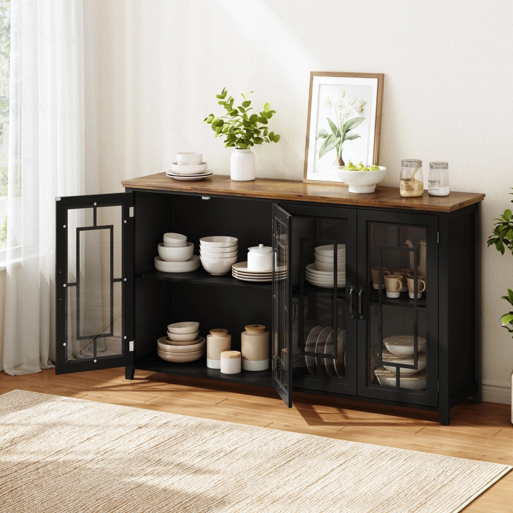 Sideboard da cucina 160 cm con ante in vetro, ampio spazio contenitivo e dispositivo antiribaltamento, nero